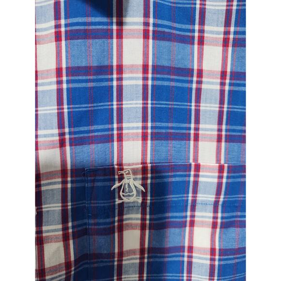 Penguin Button Up Shirt Large Classic Fit Blue Plaid Short Sleeve Casual Mens - Picture 3 of 7